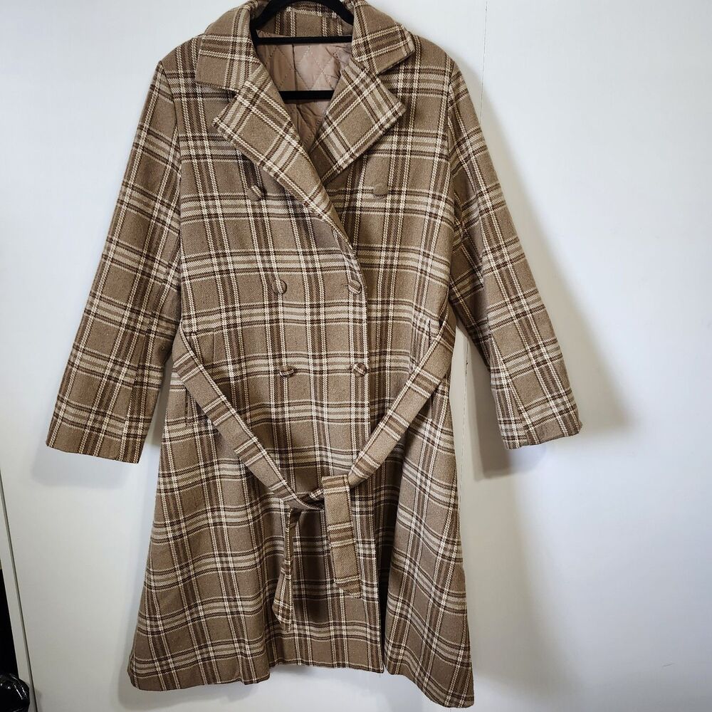 S.DEER Plaid Double Breasted Trench Coat Size M Brown Tartan Polyester Belted